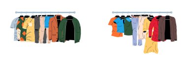 Collection of various modern clothes on hanger rack. Two clothing stands with casual fashion apparel. Seasonal wardrobe flat vector illustration.