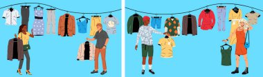 People selecting clothes at a vast clothing rack. Fashion shopping, seasonal wardrobe update, or vintage store visit concept for retail illustration.