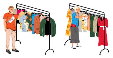 Man and woman choosing clothes on hangers. Shopping for new apparel in a store. Flat style illustration for retail and fashion concept.