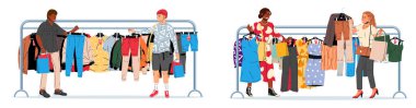 Two men and two women shopping at a clothes rack. Shoppers buying clothes from a fashion retail store. Flat style stock vector set collection illustration.
