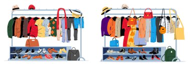 Two clothing racks full of various garments, shoes, and accessories. Concept of fashion collection, wardrobe organization, or shopping display for an online store.