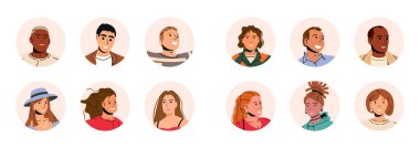 Diverse group of men and women avatars in circle frames. User profile picture set for social media and internet forum identity. Collection of happy faces for website design.