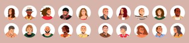 Diverse set of men and women avatar collection. Group of multicultural people circle portraits for profile picture or social media.