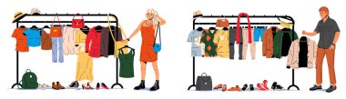 Woman and man choosing clothes on a hanger rail with accessories, concept of shopping, fashion, or changing season wardrobe.