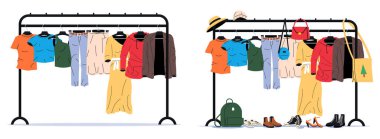 Clothing rack with various garments, shoes, and accessories. Concept of fashion shopping, sales, or an organized wardrobe. Used for clothing store advertisement.