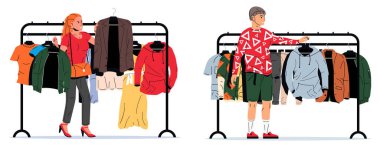 Woman and man choosing clothes on hangers. People shopping for apparel in store or at market. Discount seasonal sale.