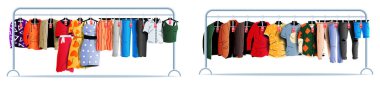 Clothing rack with various garments and sale tags for retail concept. Collection of various clothes on hangers with prices for shopping.