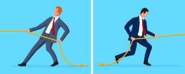 Two men in business suits engaging in a tug of war, demonstrating competition and teamwork in business. Flat style vector illustration.