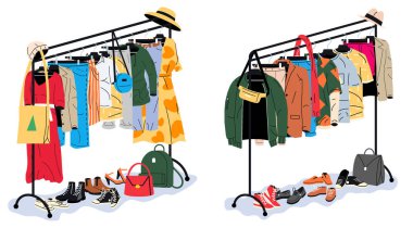 Colorful wardrobe on clothing rack. Fashion store with various garments and shoes for shopping, style, and retail business concept.