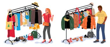 Woman browsing clothes on a rack with a man doing the same on another rail. Clothing donation or charity concept, flat style vector illustration.