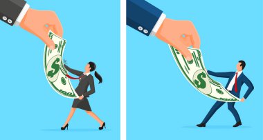 Hand pulling money from a woman and a man. Wage discrimination concept. Income inequality visualization for business and finance.