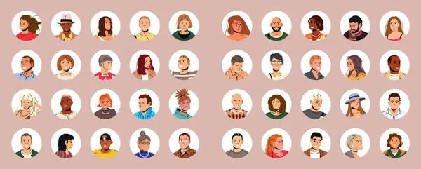 Diverse man and woman avatars for social media profiles. collection of various people faces in circles for user interface element.