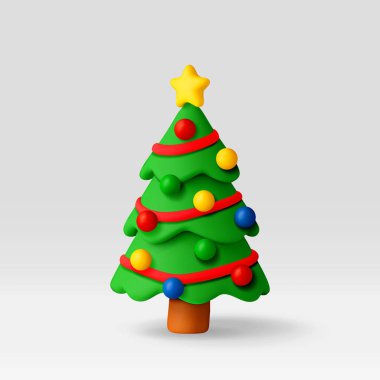 Bayram tebrik kartı, afiş veya bayram tasarımı için gri arkaplan üzerinde 3D Noel ağacı çizimi çizimi.