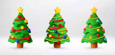 Üç tane yıldız ve süslemeli 3D renkli Noel ağacı. Noel tebrik kartı dekorasyonun kutlu olsun. Vektör illüstrasyonu