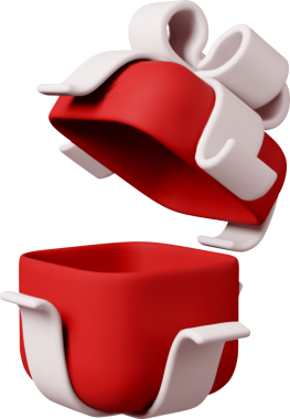 3D open gift box with ribbon. side red.