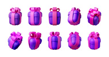 Group of 3D rendered gift boxes with pink bows and purple wrapping. Festive present package illustration for holiday, happy birthday, or anniversary celebration. Vector illustration