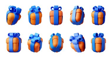 Mavi kurdeleli ve turuncu ambalajlı 3D hediye paketi. Mükemmel bir kutlama hediyesi ya da tatil sürprizi. Kutlama kartı için yaratıcı tasarım unsuru. Vektör illüstrasyonu