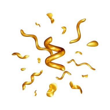 3D Altın Yılan dereleri ve konfeti parçaları aşağıya doğru düşüyor. Parti, kutlama, doğum günü, yıldönümü, yeni yıl, bayram, karnaval, etkinlik için şenlik arka planı. Vektör illüstrasyonu