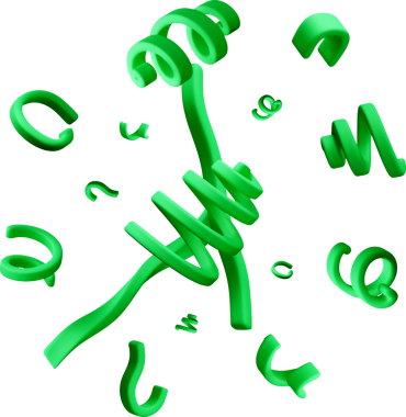 3 boyutlu yeşil kıvırcık konfeti kurdeleleri düşüyor.