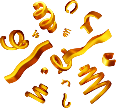 Kutlamada altın konfeti ve kıvrımlı kurdeleler düşüyor