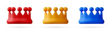 Beyaz zemin üzerinde kırmızı, altın ve mavi renkli 3d vektör taç simgeleri var. Kral, kraliçe ya da liderin kraliyet sembolü. Vektör illüstrasyonu