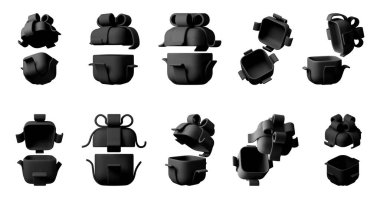 Kara 3D hediye paketi şeritli ve farklı eyaletlerde fiyonklu. Kutlama sürprizi, doğum günü veya Noel için bayram hediyesi. Vektör illüstrasyonu