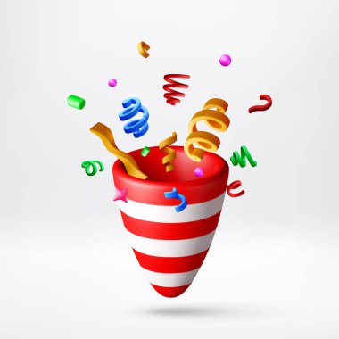 3D kırmızı ve beyaz çizgili parti patlayıcısı renkli konfeti ve flamalarla patlıyor. Duyuru için neşeli kutlama vektörü illüstrasyonu.