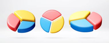 Veri analizi ve bilgi sunumu için üç renkli üç boyutlu pasta grafiği. Finansal rapor için iş grafiği, istatistiksel görüntü. Vektör illüstrasyonu