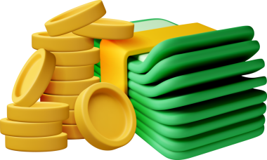 3d altın para yığını ve yeşil banknot