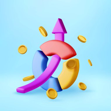 3D renkli çizelge altın paralarla yükseliyor. İş başarısı ve finansal büyüme kavramı. Borsa performans görselleştirmesi. Vektör illüstrasyonu