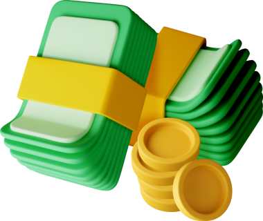 3D Yeşil Kağıt Para ve Altın Para Yığını.