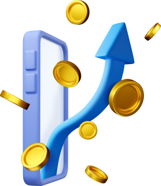 Mavi oklu ve altın paralı 3D telefon.