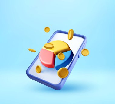 Çevrimiçi finans yönetimini temsil eden bozuk paralarla renkli bir pasta grafiği gösteren 3D cep telefonu. İş için dijital pazarlama ve stratejik planlama. Vektör illüstrasyonu