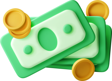 3D deste yeşil kağıt para ve sarı altın sikke.