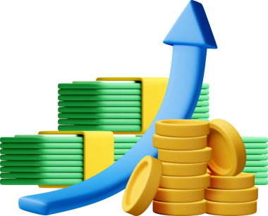 3 boyutlu ok para ve para yığınını yukarı doğru gösteriyor..