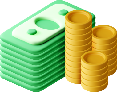 3D deste yeşil kağıt para ve altın sikke.