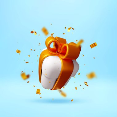 3D beyaz hediye kutusu üzerinde uçan konfetiyle yüzen parlak altın kurdele yayı. Doğum günü, Noel ya da Yeni Yıl Kutlama Konsepti için 3D hediye tanıtımı. Vektör illüstrasyonu
