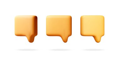 İletişim ve mesajlaşma için üç turuncu üç boyutlu konuşma balonu simgesi. Sosyal medya arayüzü için dijital sohbet bildirim sembolü. Web sitesi tasarımı UI için minimalist grafik ögesi. Vektör illüstrasyonu