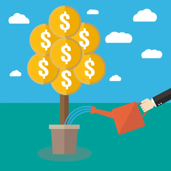 Empresario regando un árbol de dinero — Vector de stock