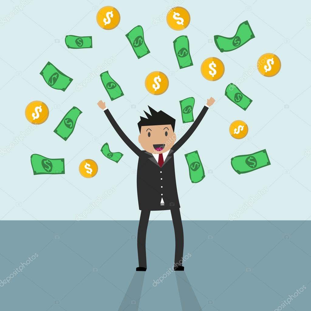 businessman standing under falling raining money