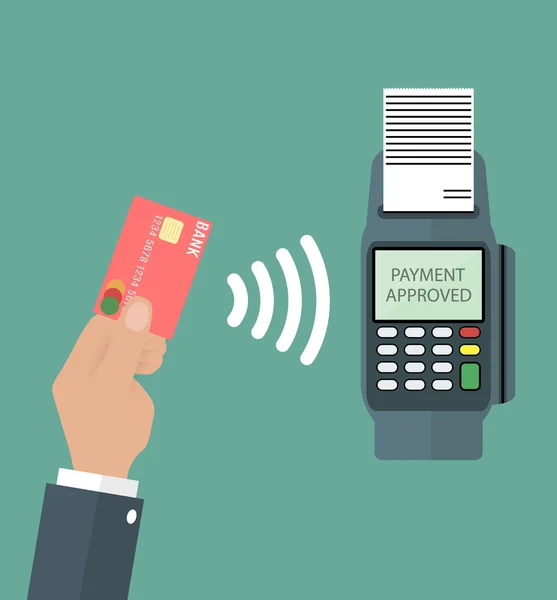 Zahlungen mit Terminal und Kreditkarte, — Stockvektor