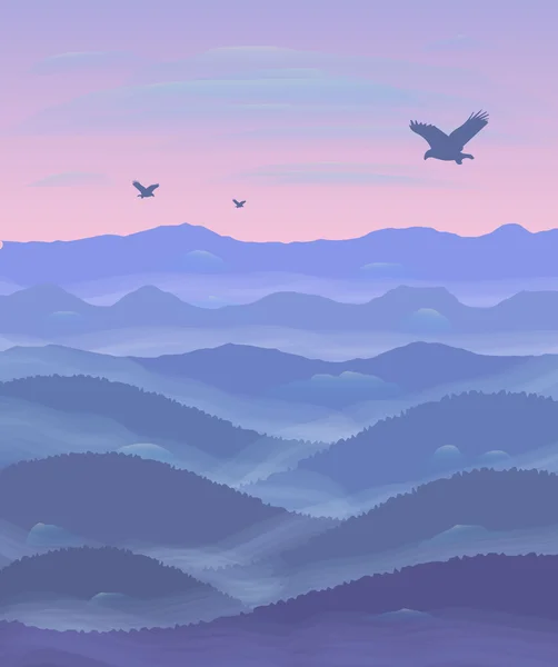 Panorama de colinas. Puesta de sol. Niebla. Águilas voladoras . — Vector de stock