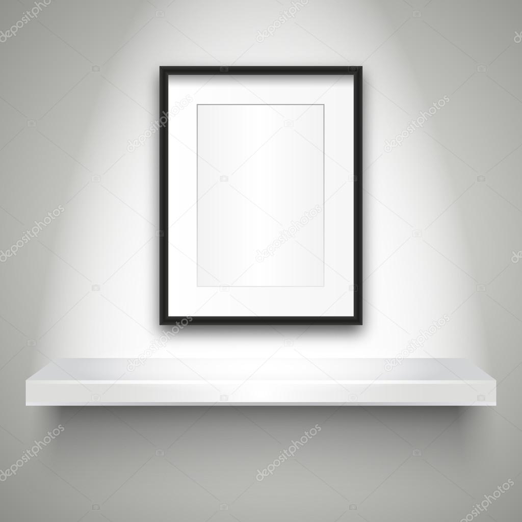 Empty shelf on wall and blank frame