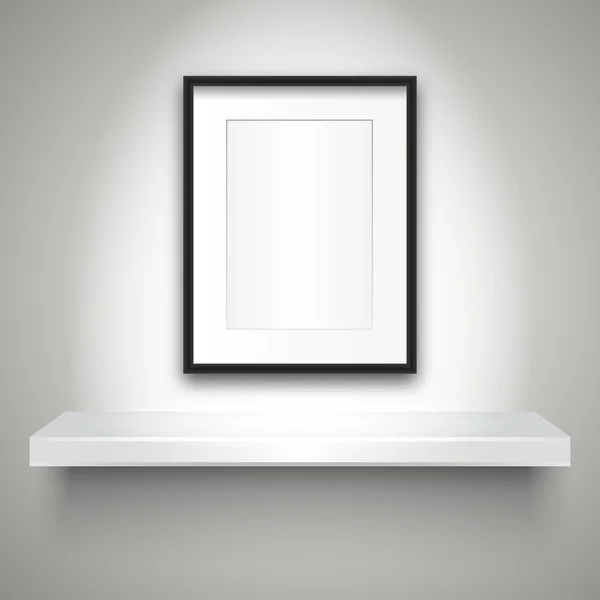 Estante vacío en la pared y marco en blanco — Vector de stock