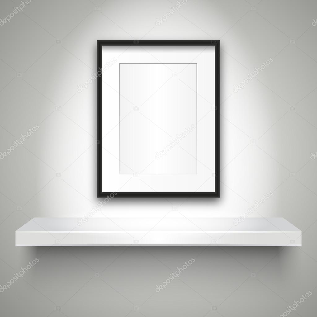 Empty shelf on wall and blank frame