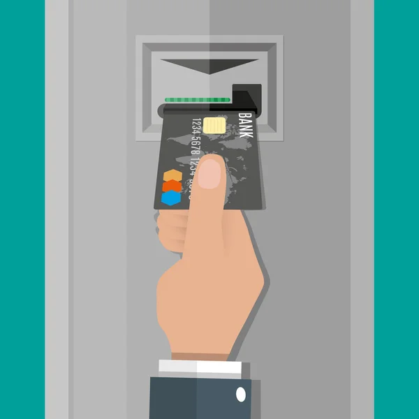 Mão insere um cartão de débito de crédito em ATM — Vetor de Stock