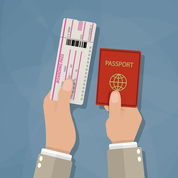 Boarding Pass dan Paspor di tangan - Stok Vektor