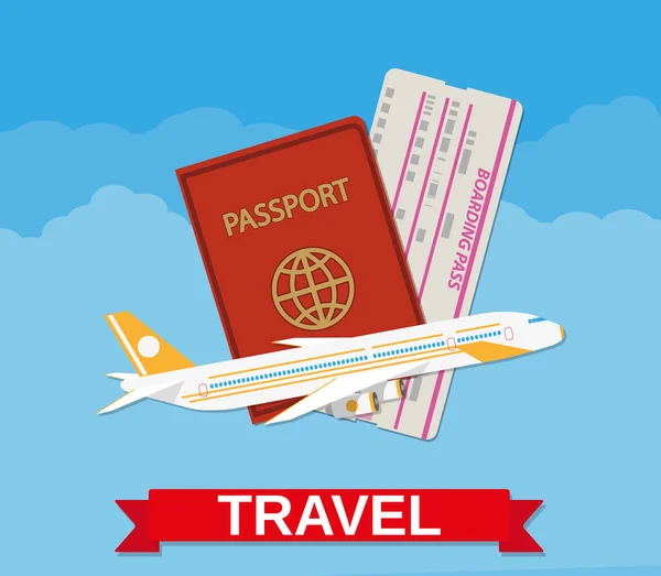 Passagiersvliegtuig, paspoort, boarding pass ticket — Stockvector