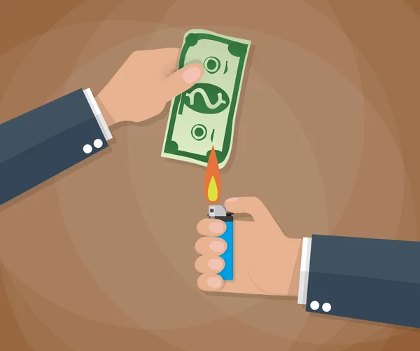 Hand branden geld bill — Stockvector