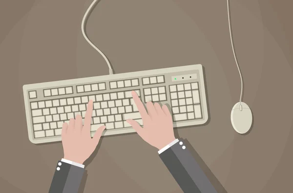 Las manos de usuario en el teclado y el ratón de la computadora . — Vector de stock